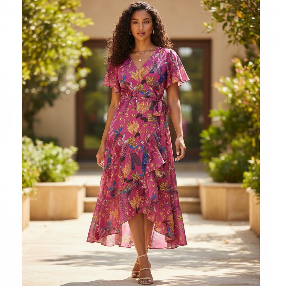 Tanya Taylor Dita Silk Wrap Ruffle Dress Jungle Leaves Purple Women's 8